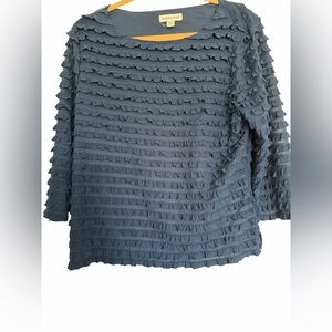 Coldwater Creek Blue Ruffled 3/4 sleeve semi sheer Blouse L w/underling